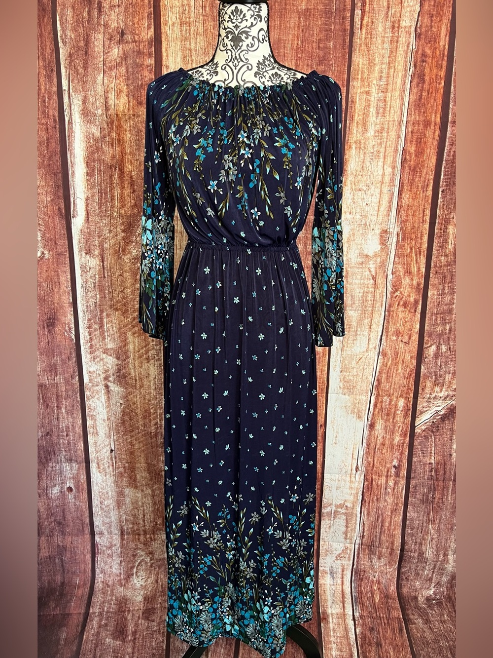 Ace Fashion | Boho Off-Shoulder Navy Floral Maxi Dress with Bell Sleeves - Picture 2 of 8